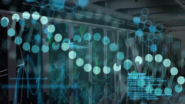 Animation of data processing with dna strand over server room - Powered by Adobe