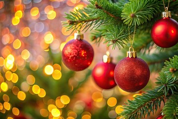 Obraz premium Red Christmas ornaments on tree with bokeh lights Aerial