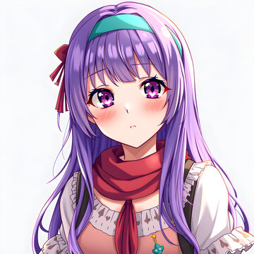 Una encantadora chica manga muy sonrojada y con pelo morado