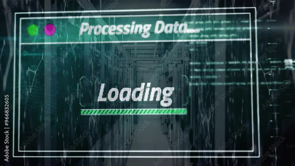 Aufkleber animation of data processing over server room