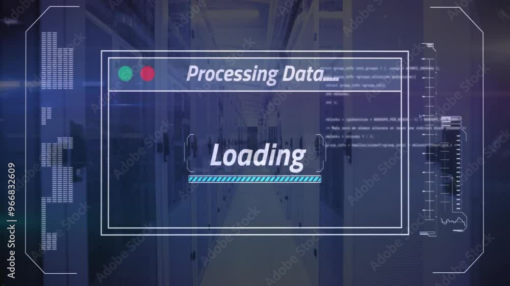 Aufkleber animation of data processing over server room