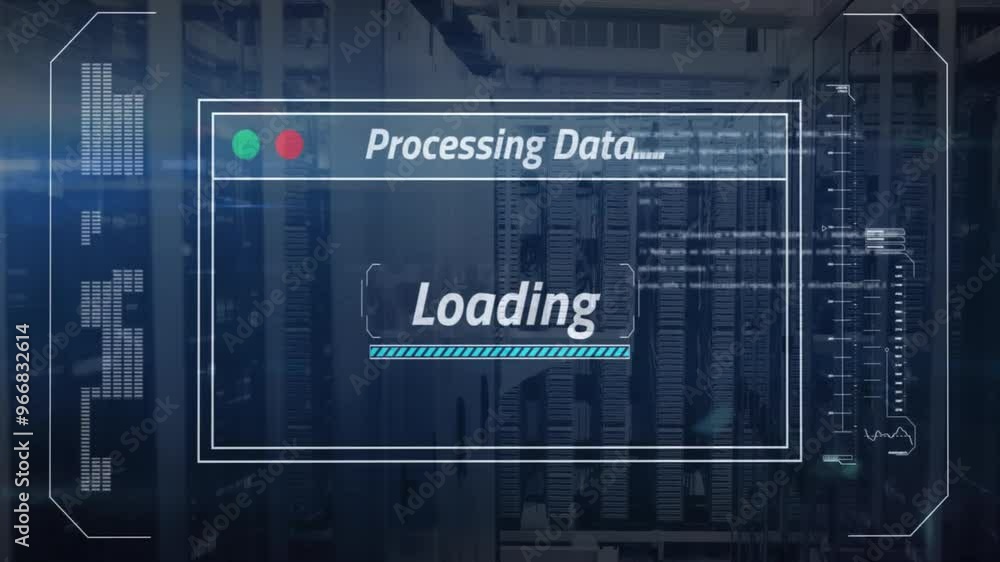 Aufkleber animation of data processing over server room
