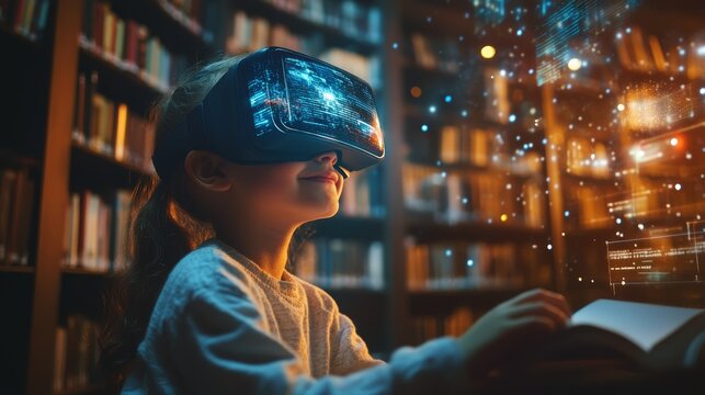 Child Using VR Headset in Library with Book