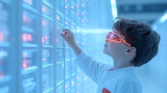 Futuristic Boy with Glasses Interacting with Digital Screen