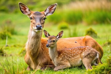 Fototapeta premium Red Deer calf suckling from mother high angle view