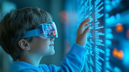 Boy using VR headset and interacting with holographic screen