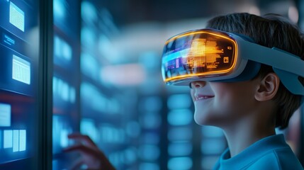 Boy Wearing Virtual Reality Headset Exploring Futuristic Interface