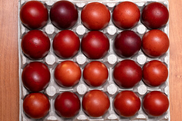 Many decorated Easter eggs as background, top view. Festive tradition