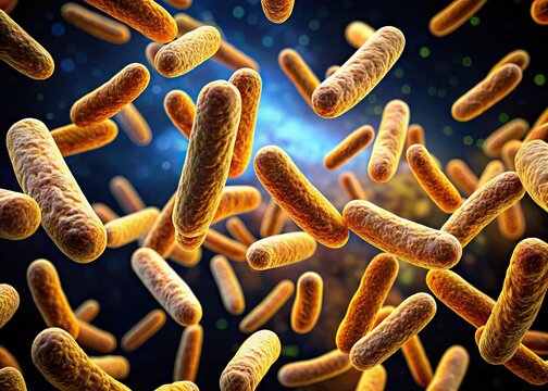 Microscopic illustration of Streptobacillus bacteria, rod-shaped with rounded ends, in a scattered arrangement, illuminated against a dark background, showcasing its characteristic morphology.