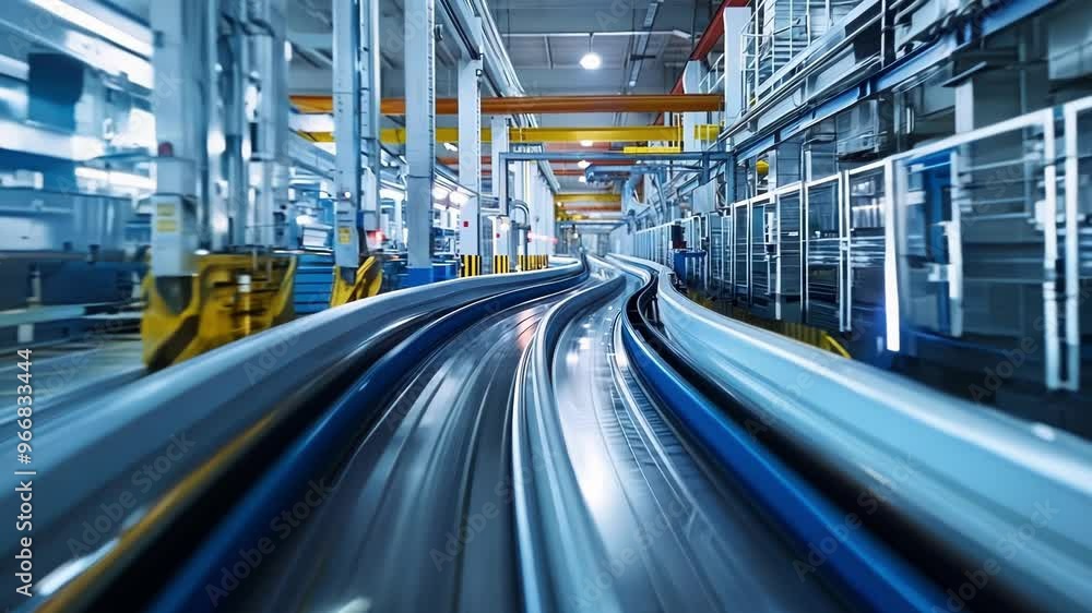 Aufkleber long exposure photograph showing the movement of a modern conveyor belt system winding through a fac