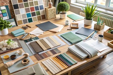 Modern blank mood board with fabric swatches, paint chips, and architectural sketches, scattered on a wooden desk, surrounded by decorative design elements, in a bright studio.