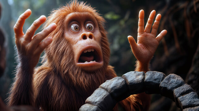 Surprised prehistoric or ape-man discovering the wheel