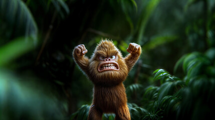 Small furry creature shouting in tropical forest. baby bigfoot character