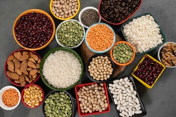 several pots with raw grains for preparing healthy food