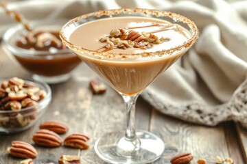 Create a image of a Butter Pecan Martini in a clear martini glass. The drink should have a creamy, light brown color with generative ai