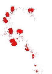 Red splatter marks on white background.