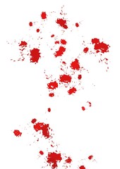 Red splatter marks on white background.