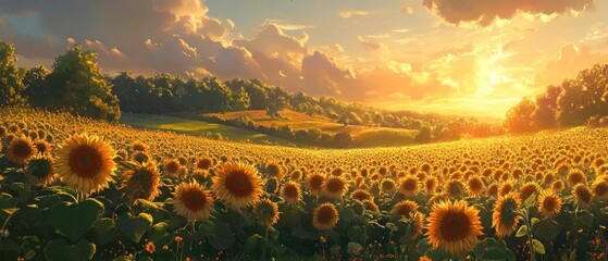 Fototapeta premium Sunlit Field of Sunflowers at Sunset