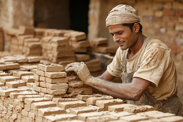 A Man Shaping Mud Bricks in a Brickyard