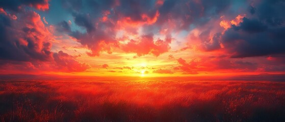 Fiery Sunset Over a Field of Tall Grass