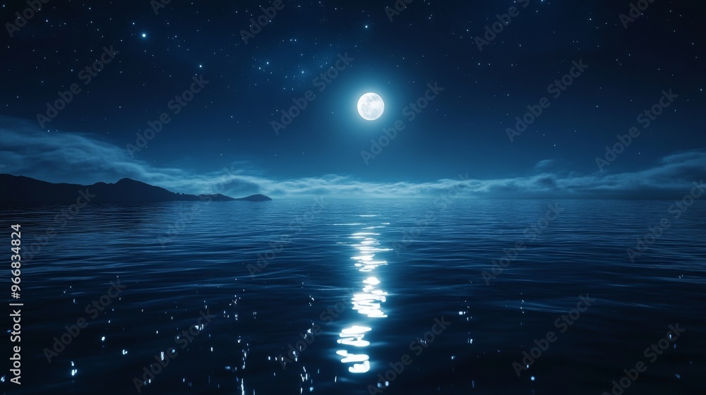 Wall mural nighttime seascape with full moon and starry sky