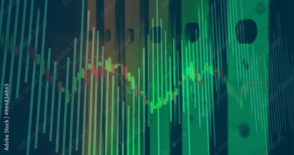 Poster animation of financial data processing over server room