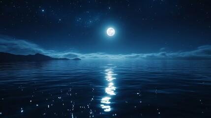 Nighttime Seascape with Full Moon and Starry Sky