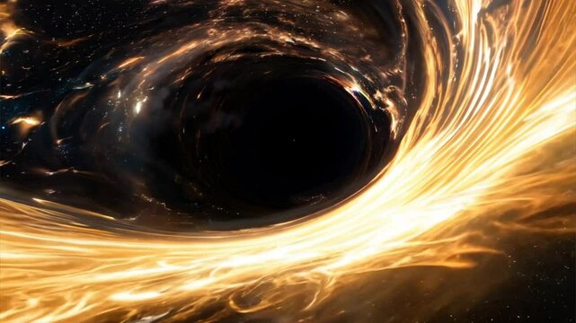 Black Hole's Gravitational Pull: A captivating close-up of a black hole, its intense gravitational pull warping space-time, creating a mesmerizing display of light and energy.  The image depicts a dar