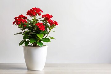 Obraz premium Red stemmed houseplant with bright red flowers in a white pot against a white background