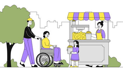 Woman at wheelchair walks on street. Young girl on wheelchair buy popcorn. Street food vender in amusement park. Dessert and delicacy. Linear vector illustration