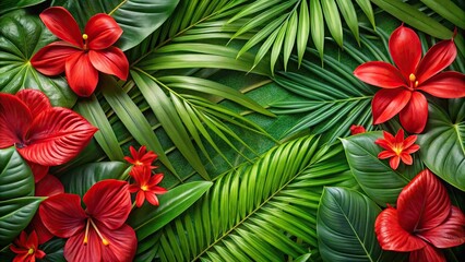 Red tropical flowers and palm leaves background tile