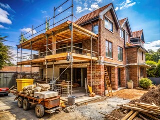Modern multi-level strata title home undergoes renovation, exposing brick walls and wooden beams beneath, with scaffolding and construction equipment scattered around the property exterior.