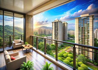 Modern newly built one-plus-bedroom apartment with sleek balcony and panoramic city views, set amidst lush green surroundings in Mira Road's thriving urban landscape.