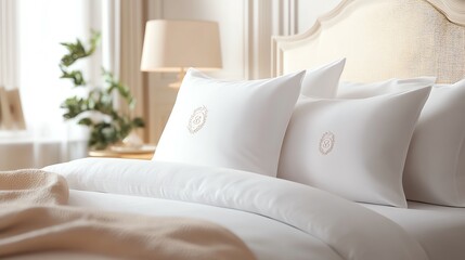 Obraz premium Monogrammed pillowcases in luxury bedding set, cozy home gift, 3D illustration