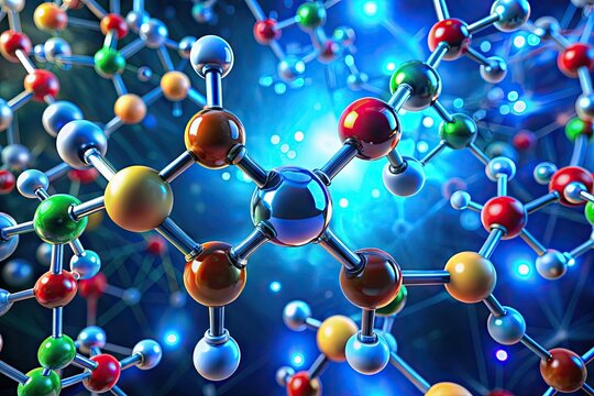 Molecular structure of ethanol (C2H5OH) rendered in 3D, showcasing carbon, hydrogen, and oxygen atoms, with atomic bonds illustrated in a colorful, futuristic laboratory setting.