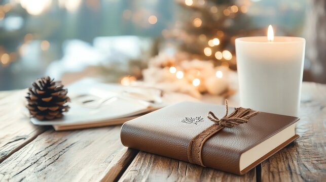 Personalized leatherbound journal with name embossing, elegant stationery, 3D illustration