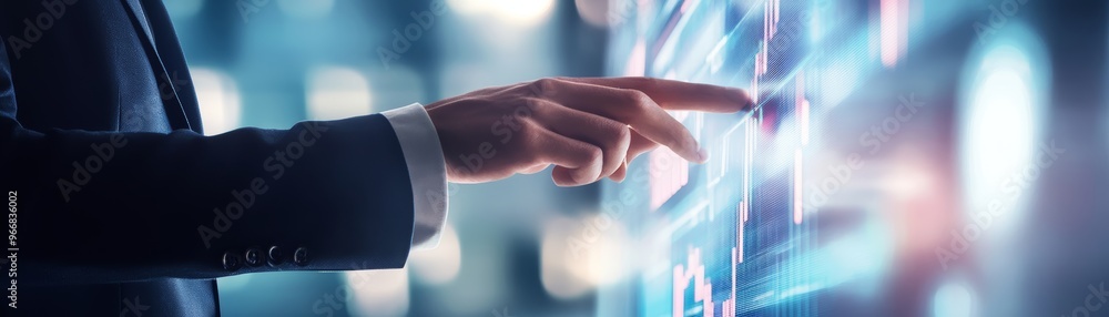 Poster businessman interacting with digital interface technology innovation future data analysis business g