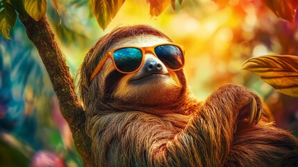 Naklejka premium Chill Sloth in Sunglasses Swinging from Branch in Lush Jungle with Soft Morning Light