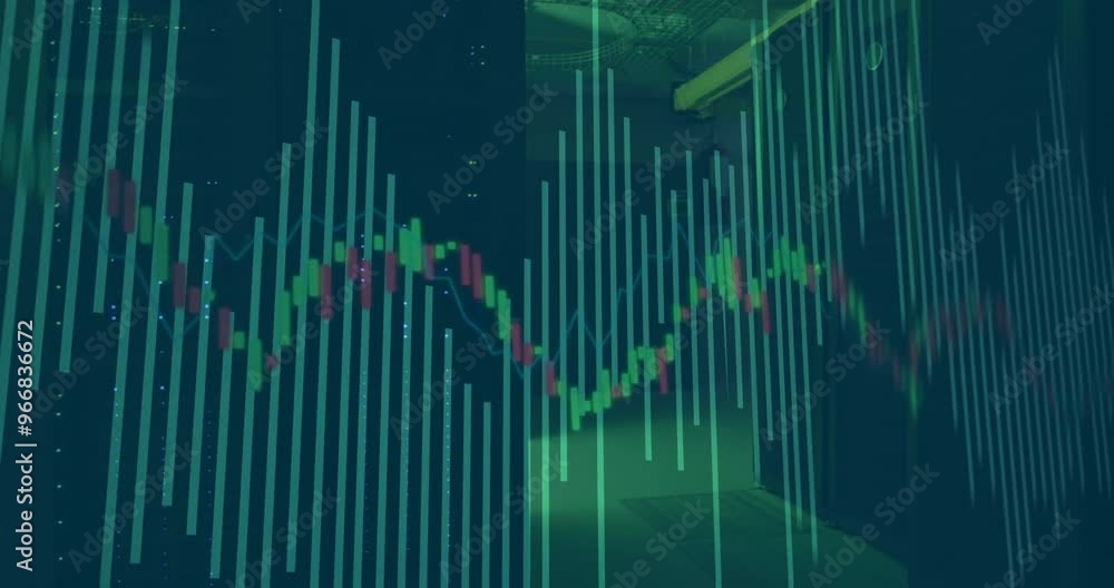 Poster animation of financial data processing over server room