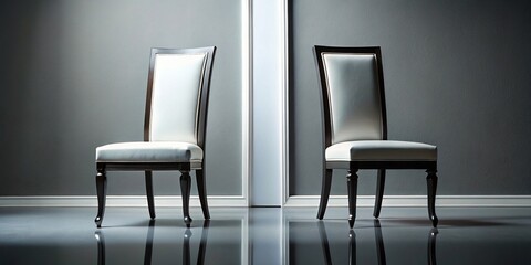 Reflected black and white chairs standing back to back