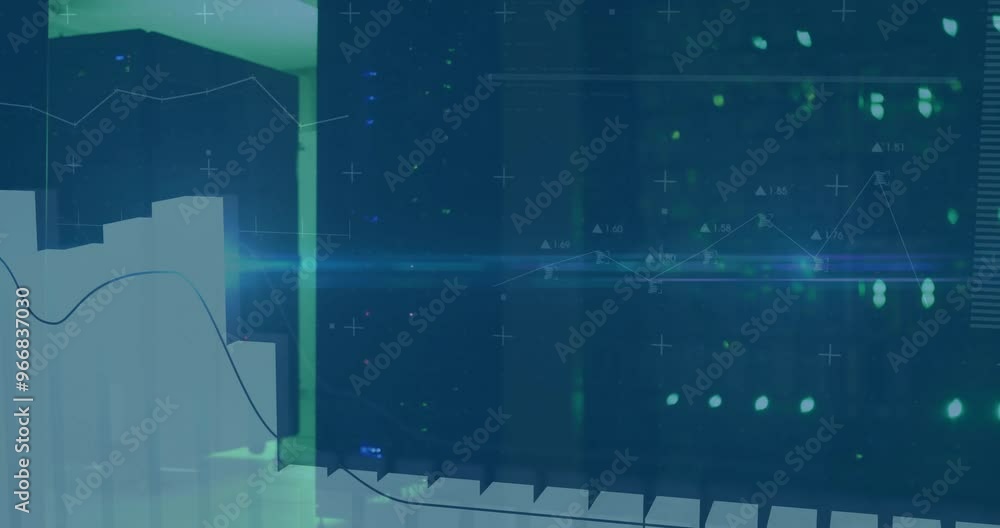 Aufkleber animation of financial data processing with light trails over server room