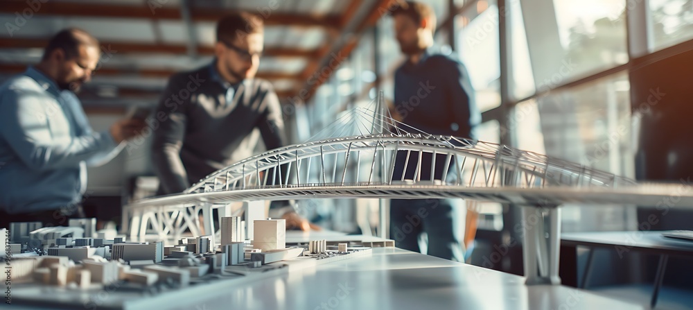 Poster specialists reviewing a state-of-the-art railway bridge prototype