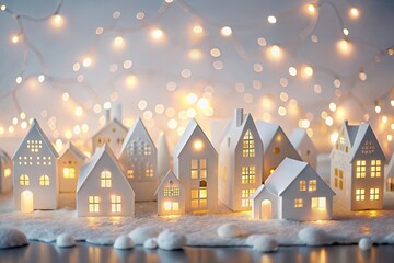 Obraz premium Reflected charming Christmas paper art with little houses and winter lights