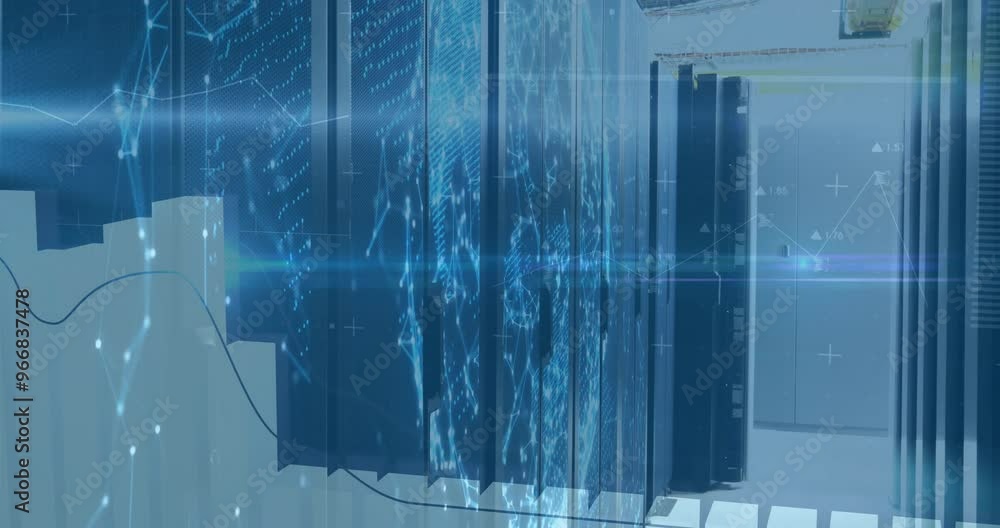 Poster animation of financial data processing over server room