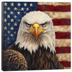 A powerful image of a bald eagle in sharp focus against a vibrant American flag backdrop. The eagle, with its piercing eyes and detailed feathers, symbolizes strength and freedom. Perfect for patrioti