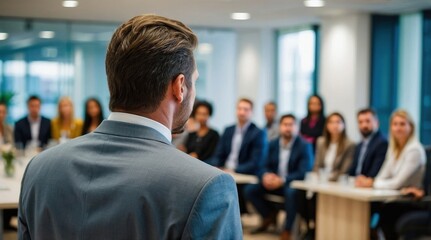 Confident businessman giving a presentation in front of crowd in meeting conference seminar room. Leadership authority teamwork in business concept