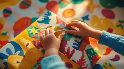Fototapeta premium A child unwrapping a large present, both hands tearing the wrapping paper, surrounded by colorful holiday shapes.