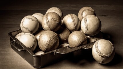 generative ai, Vintage baseballs in a metal tray with sepia tone