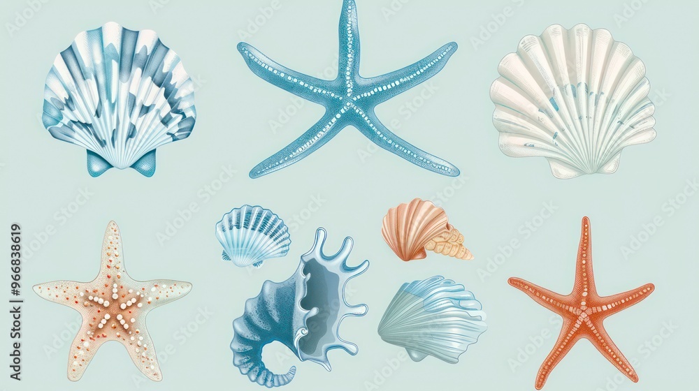 Poster a collection of seashells and starfish in various colors and sizes on a light blue background.