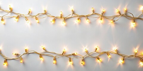 Reflected layflat of golden holiday lights and wire on white background
